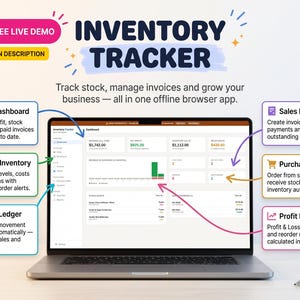 Pode incluir: Um portátil exibindo uma interface de software de rastreamento de inventário com um painel mostrando receitas, lucros e níveis de estoque. Caixas de texto detalham recursos como painel ao vivo, inventário inteligente, registro de estoque, faturas, pedidos e relatórios.