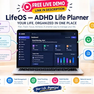 Könnte beinhalten: Ein Laptop zeigt das Dashboard des LifeOS ADHD Life Planner mit dunkler Benutzeroberfläche, umgeben von Textbeschriftungen für Funktionen wie Aufgaben, Kalender, Ziele, Gewohnheiten und Notizen. Der Bildschirm zeigt eine Tagesübersicht.