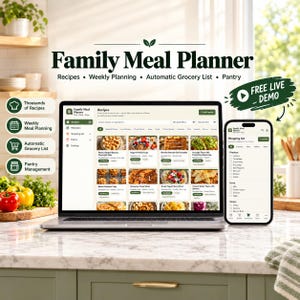 Può includere: Un computer portatile e uno smartphone con l'applicazione Family Meal Planner. Gli schermi mostrano una dashboard di ricette con immagini, una lista della spesa e menu. Il testo include Family Meal Planner, Recipes, Weekly Planning, Automatic Grocery List, Pantry e Free Live Demo.