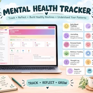 May include: A laptop displaying a Mental Health Tracker dashboard with sections for daily mood, habit tracking, and thought logs. Beside it, a notebook labelled Better Days Ahead, a pen, and a white mug with a heart icon are on a desk.