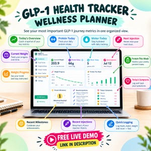 Op de afbeelding: Een digitale GLP-1 Health Tracker Wellness Planner weergegeven op een laptopscherm. Het dashboard bevat secties voor het huidige gewicht, eiwitinname, waterverbruik, de volgende injectiedatum, voortgangsgrafieken, mijlpalen en symptomen.