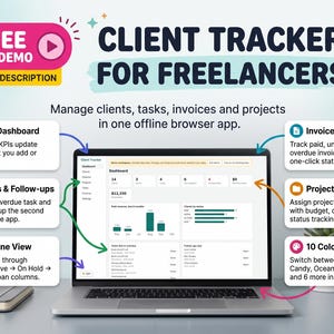 Op de afbeelding: Een laptop met een software-interface voor klantbeheer en de tekst Client Tracker for Freelancers. Het scherm toont een dashboard met KPI's, factuurtracking, projectbeheer en een overzicht van de werkstroom.