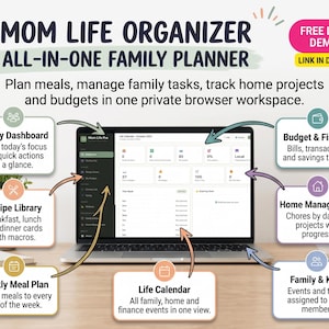 Könnte beinhalten: Ein digitaler Familienplaner mit dem Titel Mom Life Organizer All-In-One Family Planner auf einem Laptop-Bildschirm. Die Benutzeroberfläche zeigt ein Dashboard mit Bereichen für Familien-Dashboard, Rezeptbibliothek, Wochen-Essensplan, Kalender, Budget, Haushaltsmanagement sowie Aufgaben für Kinder.