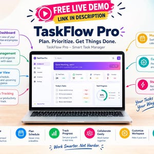 Peut inclure: Un ordinateur portable affichant l'interface du tableau de bord TaskFlow Pro, entouré d'infographies détaillant des fonctionnalités telles que le tableau de bord intelligent, la gestion des tâches, le calendrier, le suivi et la personnalisation.