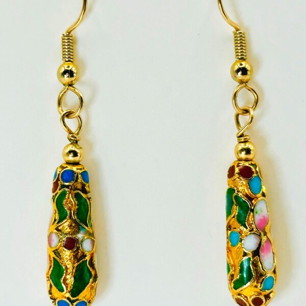 Exquisite 1970s Vintage Chinese Cloisonné Earrings – Gilt Overlay, Colorful Enamel Detail