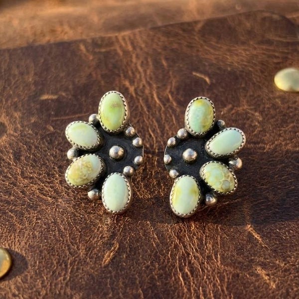 Natural Palomino Turquoise Half Cluster Studs Earrings, Handmade 925 Sterling Silver Kingman Mohave Turquoise Western Studs