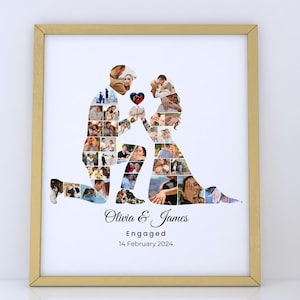 Könnte beinhalten: Ein gerahmtes Fotocollage in einem goldenen Rahmen, das eine Silhouette eines Paares mit Fotos zeigt. Der Text "Olivia & James Engaged 14 February 2024" ist darunter zu sehen. Rechts befindet sich eine goldene Vase mit weißen Blumen.