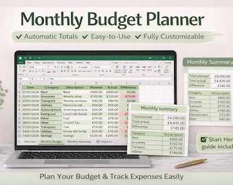 Excel Månadsbudgetplanerare | Personlig ekonomi Kalkylblad | Utgiftsspårning | Sparspårning | Enkel budgetmall