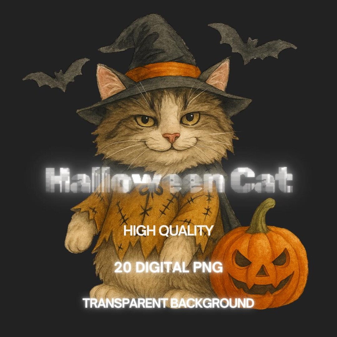 20 Halloween Cats Clipart Set | Watercolor Witch Cat PNG | Cute Ghost ...