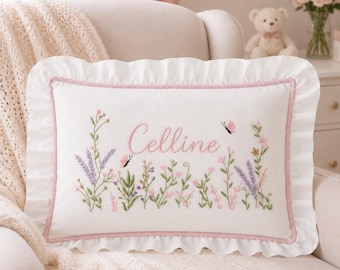 Custom Baby Name Pillow, Personalized Embroidered Floral Pillow, Pink Nursery Decor, Baby Shower Gift