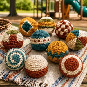 May include: A collection of ten colorful, handcrafted crochet balls with various geometric patterns. The balls feature a mix of colors including teal, orange, yellow, white, and brown. They are arranged on a patterned fabric, suggesting a playful or decorative theme.