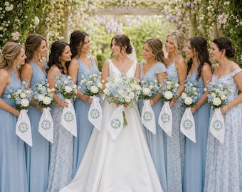 Envoltura de ramo con monograma bordado, fajín de boda floral "No me olvides", decoración de regalo para damas de honor, ramo de novia, fajín para ramo de novia