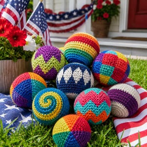 Puede incluir: Una colección de bolas de ganchillo hechas a mano, coloridas y con diversos patrones, incluyendo rayas, zigzags y diseños geométricos. Las bolas están dispuestas sobre hierba verde, con banderas americanas y decoraciones patrióticas de fondo.