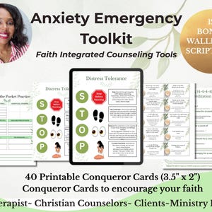 May include: Anxiety Emergency Toolkit with Faith Integrated Counseling Tools. Includes printable Conqueror Cards (3.5" x 2") and bonus wallpaper scriptures. The image features a woman and various tools for therapy.