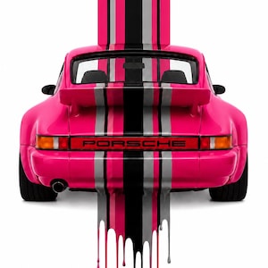 May include: A pink Porsche sports car with black, gray, and pink stripes. The stripes appear to be dripping down from the top of the car. The word "PORSCHE" is printed in red across the back of the car.