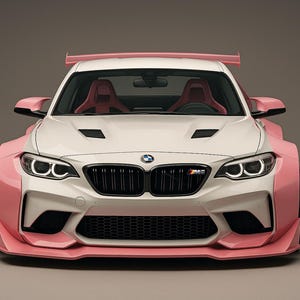 May include: A white and pink sports car, viewed from the front. The car features pink accents on the bumper, side panels, and rear spoiler. The interior has red seats. The car has a black grill and headlights.
