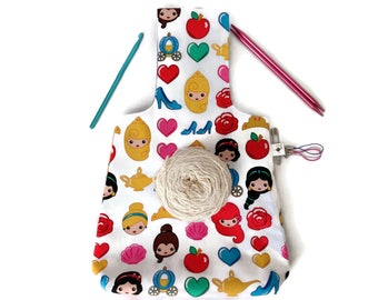 Medium Yarn Bag Disney Emojiland Princess Reversible Yarn Wrist Bag / Project Tote / Knitting Bag / Crochet Bag S389