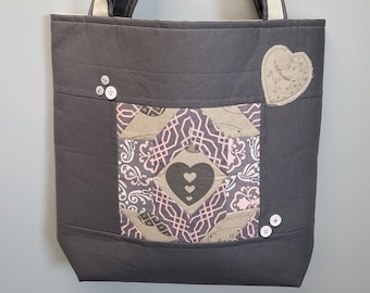 Quilted Heart Tote Bag with Heart Appliques and Handsewn Buttons S846