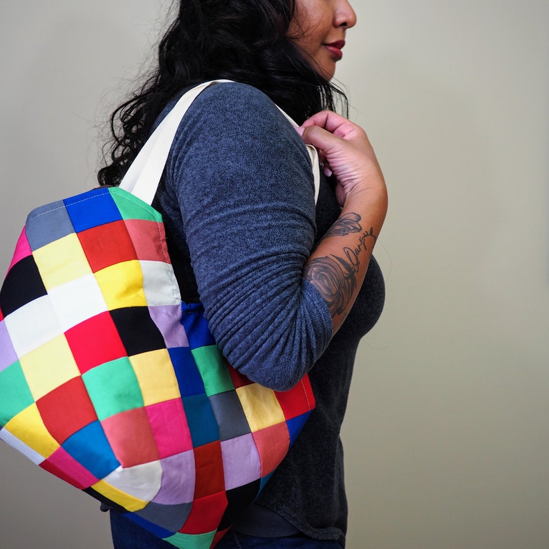 Rainbow patchwork square bottom tote shoulder bag.