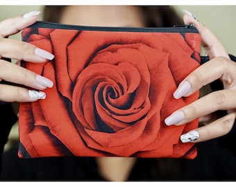 Small Flat Zipper Pouch Red Rose / Wristlet / Wallet / Small Purse / Storage Pouch S665