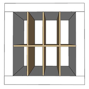 May include: A white cube with a gray interior divided into nine compartments by wooden dividers. The compartments are empty.