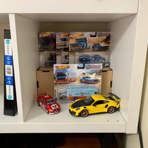 cube shelf riser displaying hot wheels
