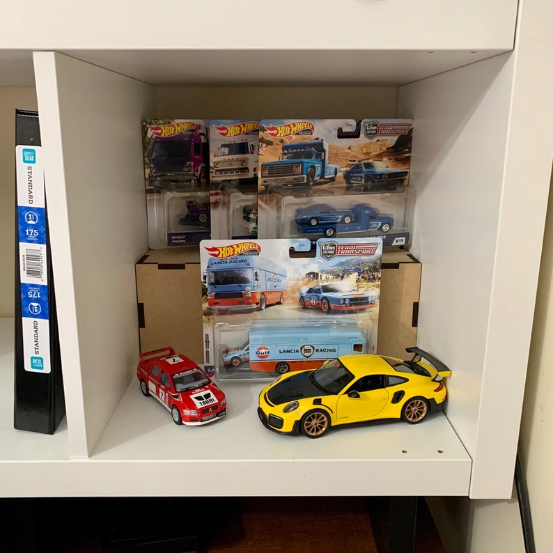 cube shelf riser displaying hot wheels
