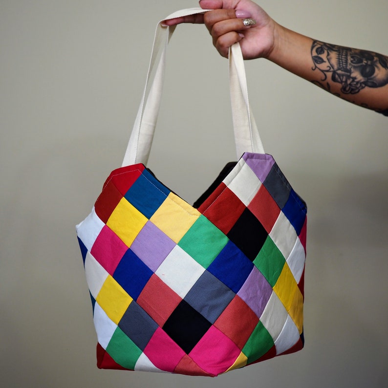 Rainbow patchwork square bottom teacher tote.