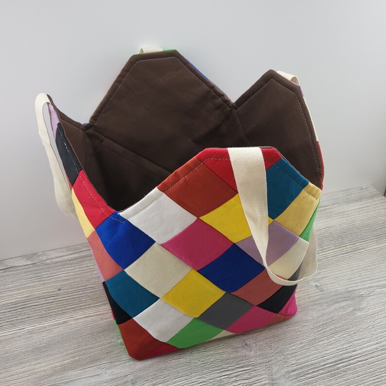 Rainbow patchwork square bottom reusable shopping tote.