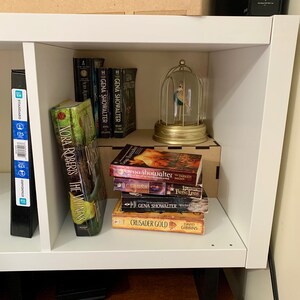 cube shelf riser displaying books and collectibles