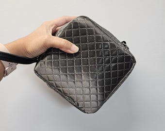 Quilted Dark Gray Vinyl Square Wristlet Purse