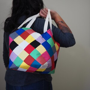 Rainbow patchwork square bottom tote.