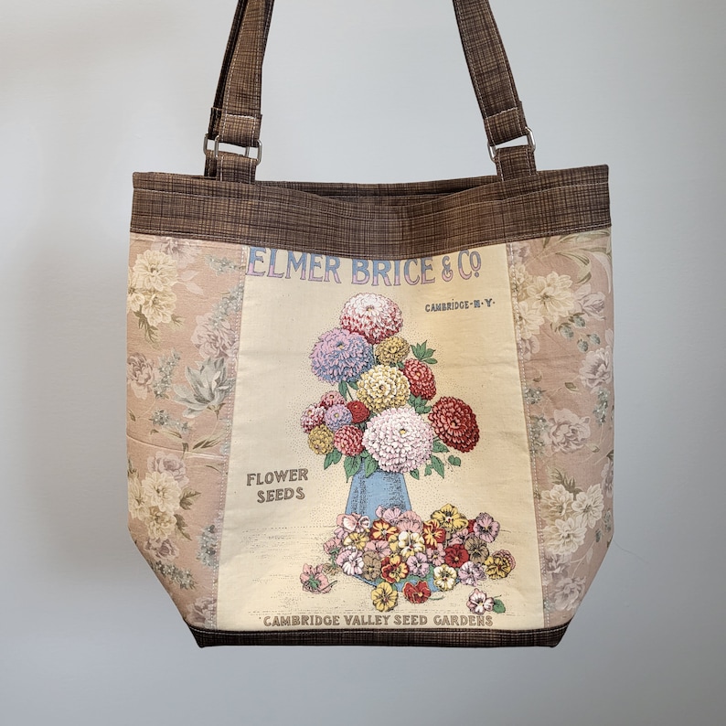 Vintage flower seed tote bag.