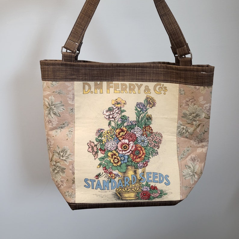 Vintage flower seed fabric shoulder tote bag.