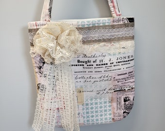 Romantic Boho Chic Wearable Art Tote Bag, Soft Pastel Colors, Farmhouse Chic, Bohemian Bag S845