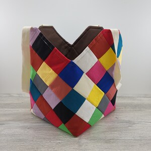 Rainbow patchwork square bottom tote for farmers markets.