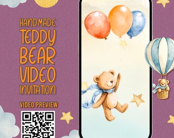 Handmade Teddy Bear Birthday Video Invitation, First Birthdays, Baby Showers, Soft Pastel Balloons
