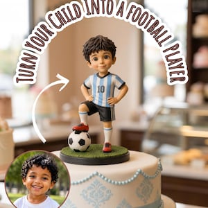 May include: A 3D printed cake topper featuring a figurine of a young football player wearing a light blue and white striped jersey with the number 10, black shorts, and red boots, standing on a green base with a football. Text reads: TURN YOUR CHILD INTO A FOOTBALL PLAYER and PERSONALIZED 3D PRINT CAKE TOPPER.