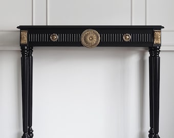 Consoletafel, zwart-gouden consoletafel, bijzettafel, bijzettafel, haltafel, haltafel, houten tafel, zwartgouden kaptafel, smalle tafel,