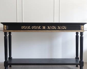Consoletafel, zwart-gouden consoletafel, bijzettafel, zwarte bijzettafel, haltafel, halconsoletafel, houten zwarte tafel, zwart bureau
