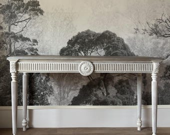 Grote bureautafel, consoletafel, consoletafel met radiator, eiken consoletafel, eiken bureau, rustieke tafel, houten tafelblad, rustieke gebogen consoletafel