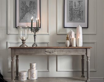 Consoletafel, grijze consoletafel, bijzettafel, grijze bijzettafel, haltafel, halconsoletafel, houten haltafel, grijze kaptafel