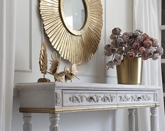 Console table, white console, side table, side table, hall table, hallway console table, wooden hall table, gray vanity, narrow table, gold