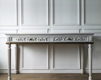 Grote bureautafel, consoletafel, consoletafel met radiator, console, houten bureau, rustieke tafel, houten bureaublad, rustieke gebogen consoletafel