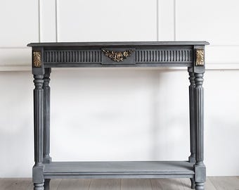 Consoletafel, grijze consoletafel, bijzettafel, grijze bijzettafel, haltafel, halconsoletafel, houten haltafel, grijze kaptafel