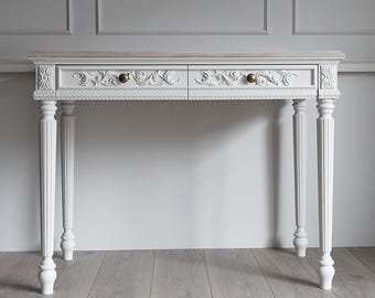 Grote bureautafel, consoletafel, consoletafel met radiator, eiken consoletafel, eiken bureau, rustieke tafel, houten tafelblad, rustieke gebogen consoletafel