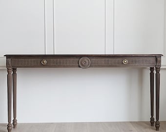 Grote bureautafel, consoletafel, consoletafel met radiator, eiken consoletafel, eiken bureau, rustieke tafel, houten tafelblad, rustieke gebogen consoletafel