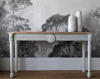 Grote bureautafel, consoletafel, consoletafel met radiator, eiken consoletafel, eiken bureau, rustieke tafel, houten tafelblad, rustieke gebogen consoletafel