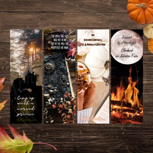 Könnte beinhalten: Vier dekorative Lesezeichen mit Herbstmotiven. Eines zeigt eine Schlosssilhouette mit dem Text "Cozy up with a cursed prince". Ein anderes zeigt ein Buch mit dem Text "The spell she cast was not in ink". Das dritte zeigt einen Pumpkin Spice Latte mit dem Text "My season essentials". Das letzte zeigt ein Feuer mit dem Text "Kissed by Moonlight."