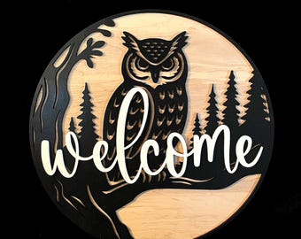 3D Wooden Welcome Sign | Animal Welcome Sign | 3D Wood Door Hanger | Rustic Cabin Decor | Owl | Indoor or Outdoor Wall Art